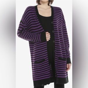 NWT long purple black striped cardigan sweater with pockets M hot topic
